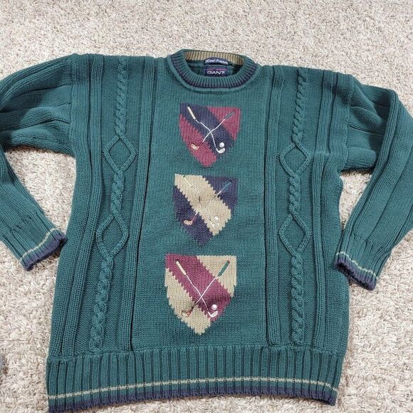 Gant Hand Intarsia Sweater Mens Large Green Golf Graphic Pullover Crew Chunky - Picture 1 of 7